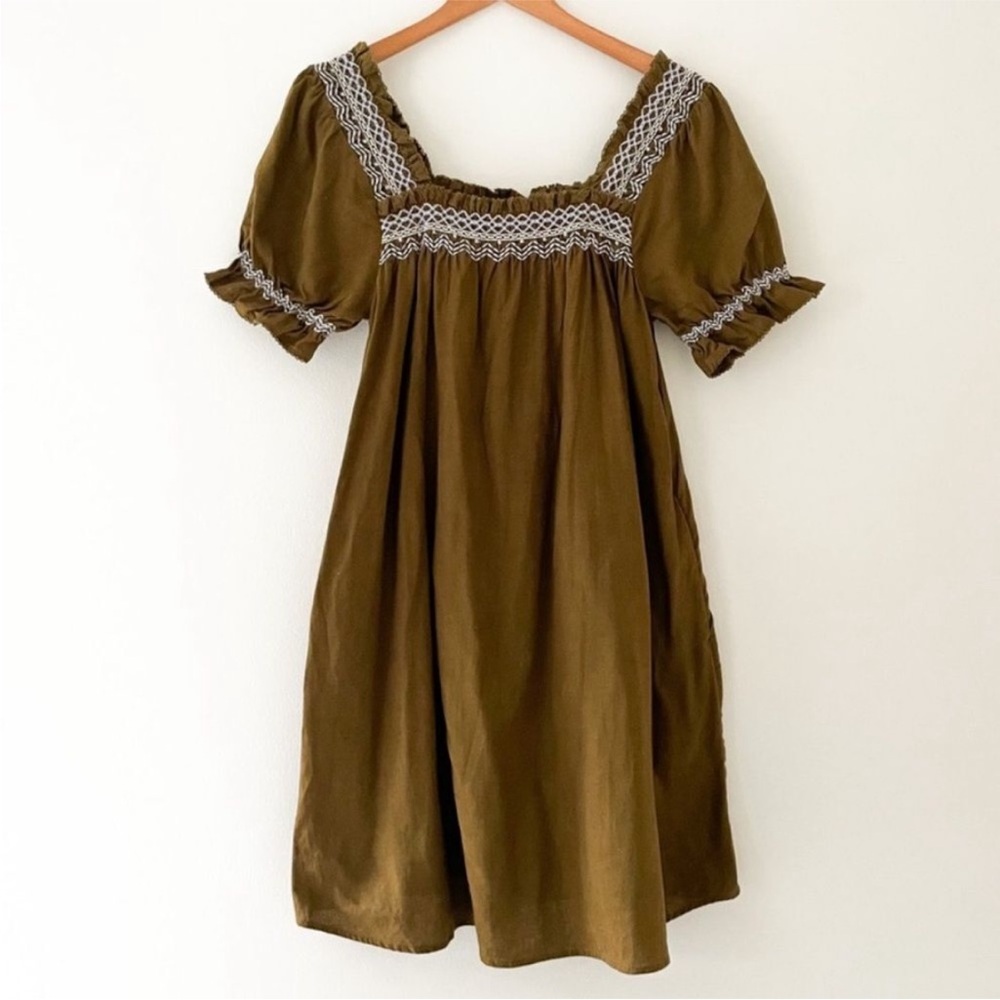 MADEWELL Smocked Neck Puff Sleeve Mini Dress Olive Green Size Small